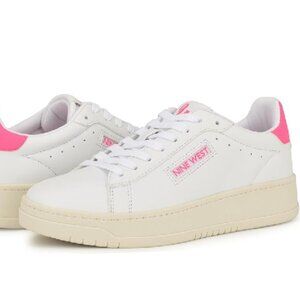 Nine West Dunnit Sport Luxe White/Neon Pink Lace Up Sneakers Size 8 New in Box